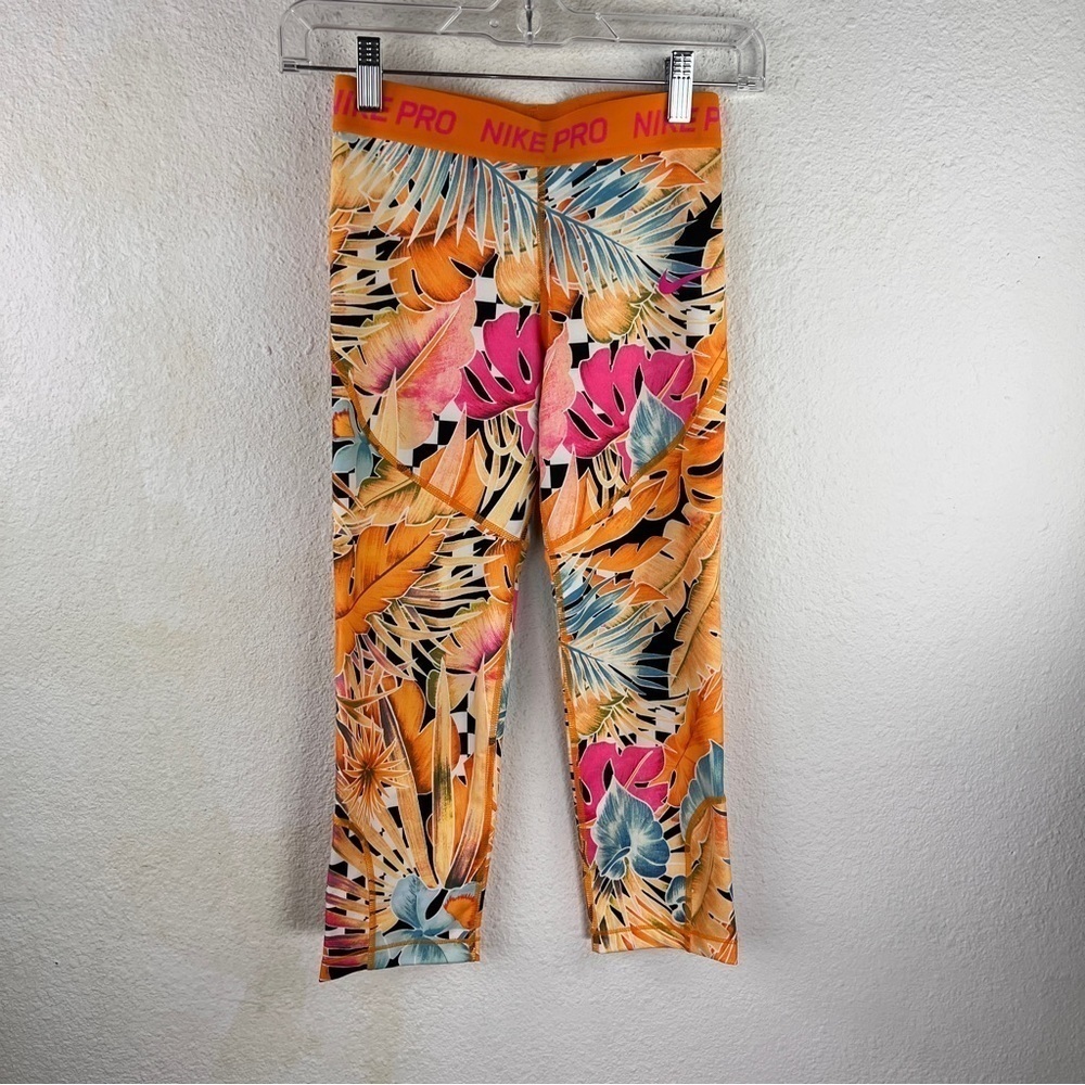 Nike Pro Girls Bright Tropical Print Leggings. Size Large. Orange Top Stitching